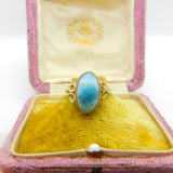 14ct Yellow Gold Cabochon Cut Blue Larimar Set Band Ring Vintage c1970