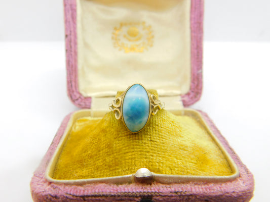 14ct Yellow Gold Cabochon Cut Blue Larimar Set Band Ring Vintage c1970