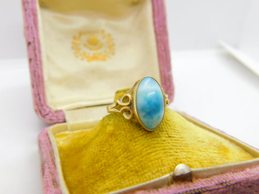 14ct Yellow Gold Cabochon Cut Blue Larimar Set Band Ring Vintage c1970