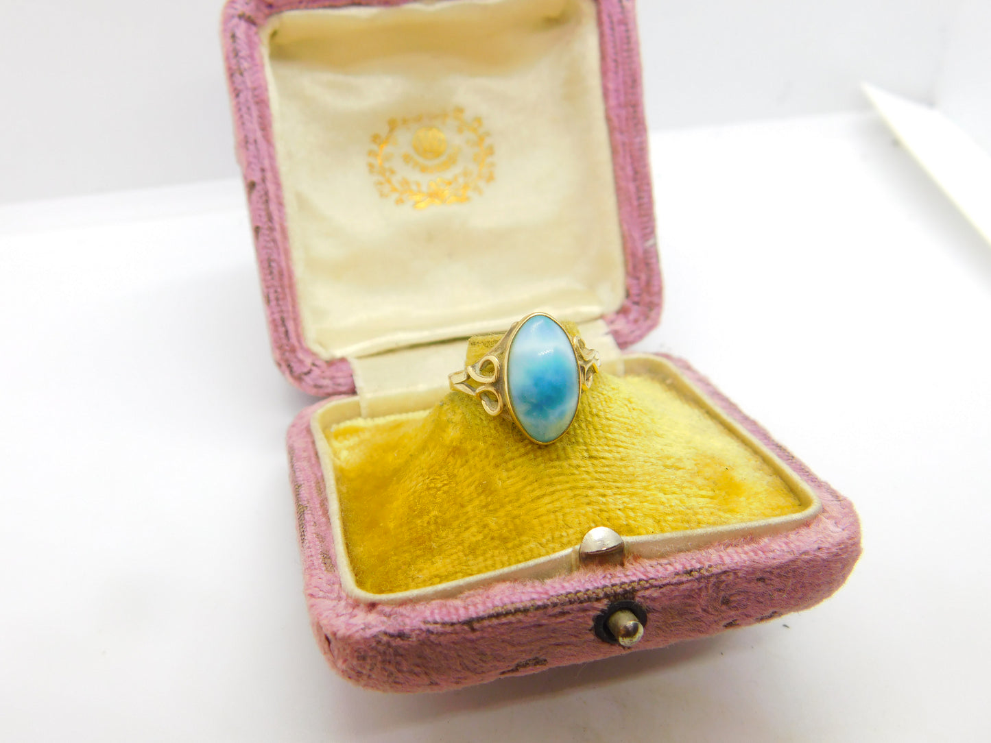 14ct Yellow Gold Cabochon Cut Blue Larimar Set Band Ring Vintage c1970