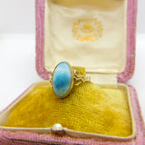 14ct Yellow Gold Cabochon Cut Blue Larimar Set Band Ring Vintage c1970