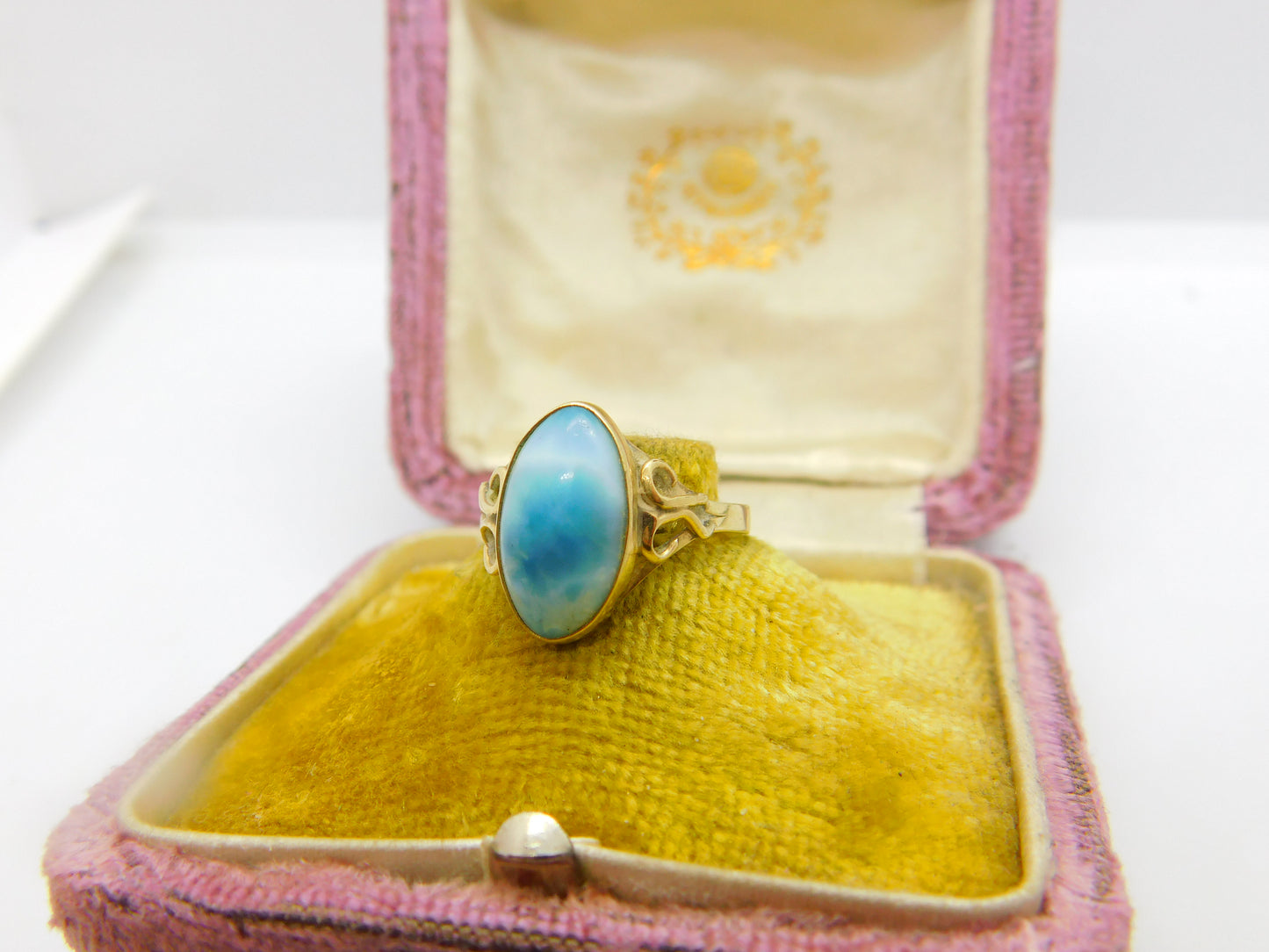 14ct Yellow Gold Cabochon Cut Blue Larimar Set Band Ring Vintage c1970