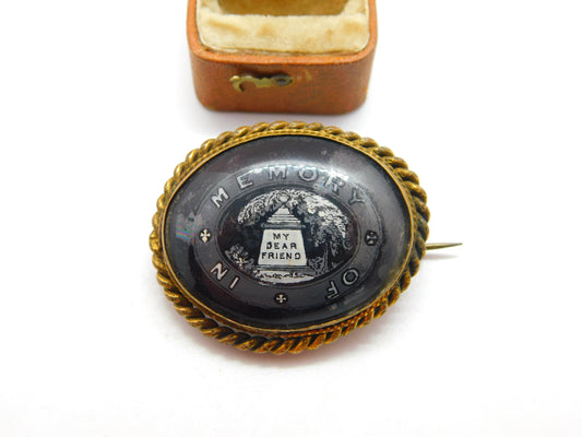 Victorian Gilt Metal & Porcelain 'In Memory of My Dear Friend' Mourning Brooch