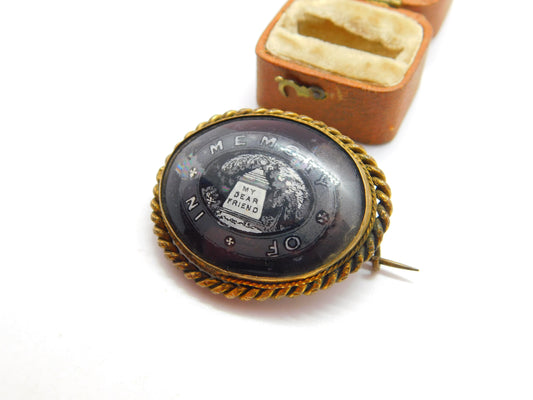 Victorian Gilt Metal & Porcelain 'In Memory of My Dear Friend' Mourning Brooch