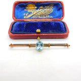 9ct Yellow Gold & Royal Blue Topaz Set Bar Brooch Antique c1920 Art Deco
