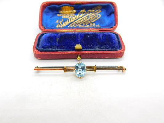 9ct Yellow Gold & Royal Blue Topaz Set Bar Brooch Antique c1920 Art Deco