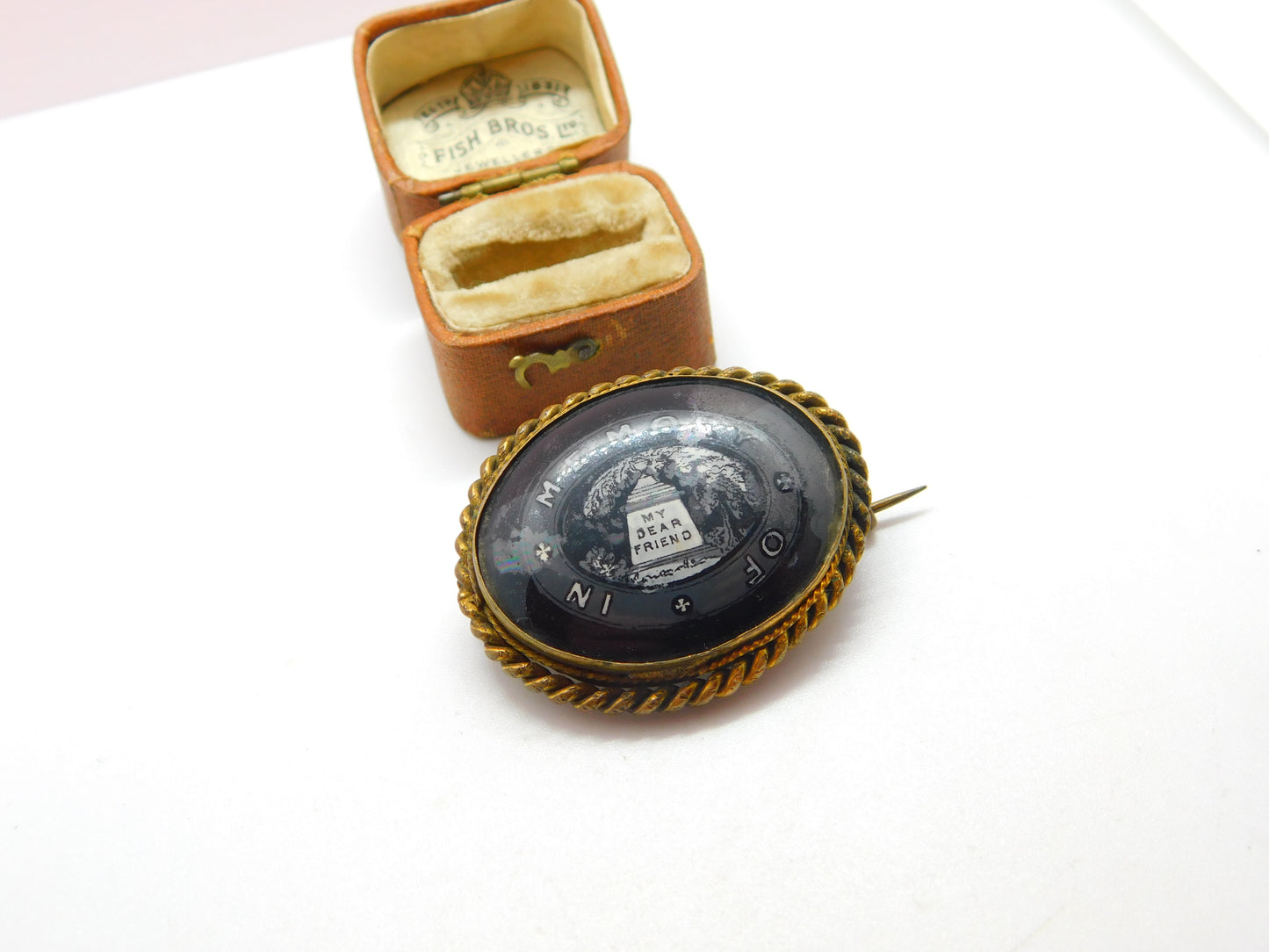 Victorian Gilt Metal & Porcelain 'In Memory of My Dear Friend' Mourning Brooch