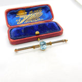 9ct Yellow Gold & Royal Blue Topaz Set Bar Brooch Antique c1920 Art Deco