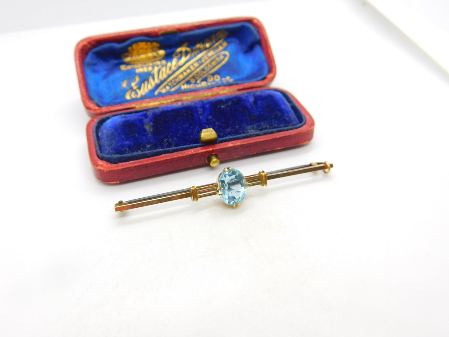 9ct Yellow Gold & Royal Blue Topaz Set Bar Brooch Antique c1920 Art Deco