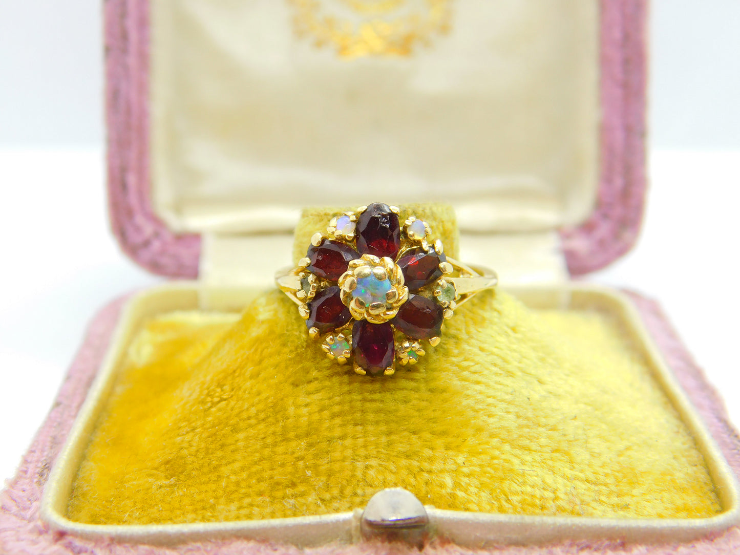 14ct Gold, Almandine Garnet & Water Opal Cluster Ring Antique c1920 Art Deco