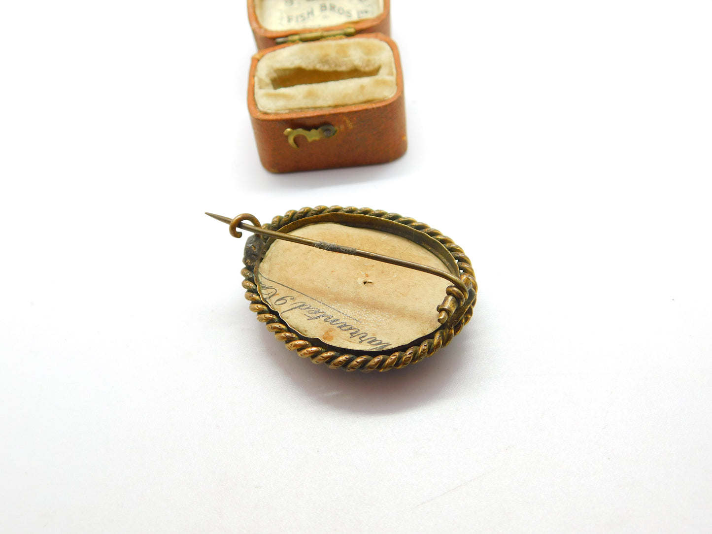 Victorian Gilt Metal & Porcelain 'In Memory of My Dear Friend' Mourning Brooch