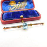 9ct Yellow Gold & Royal Blue Topaz Set Bar Brooch Antique c1920 Art Deco