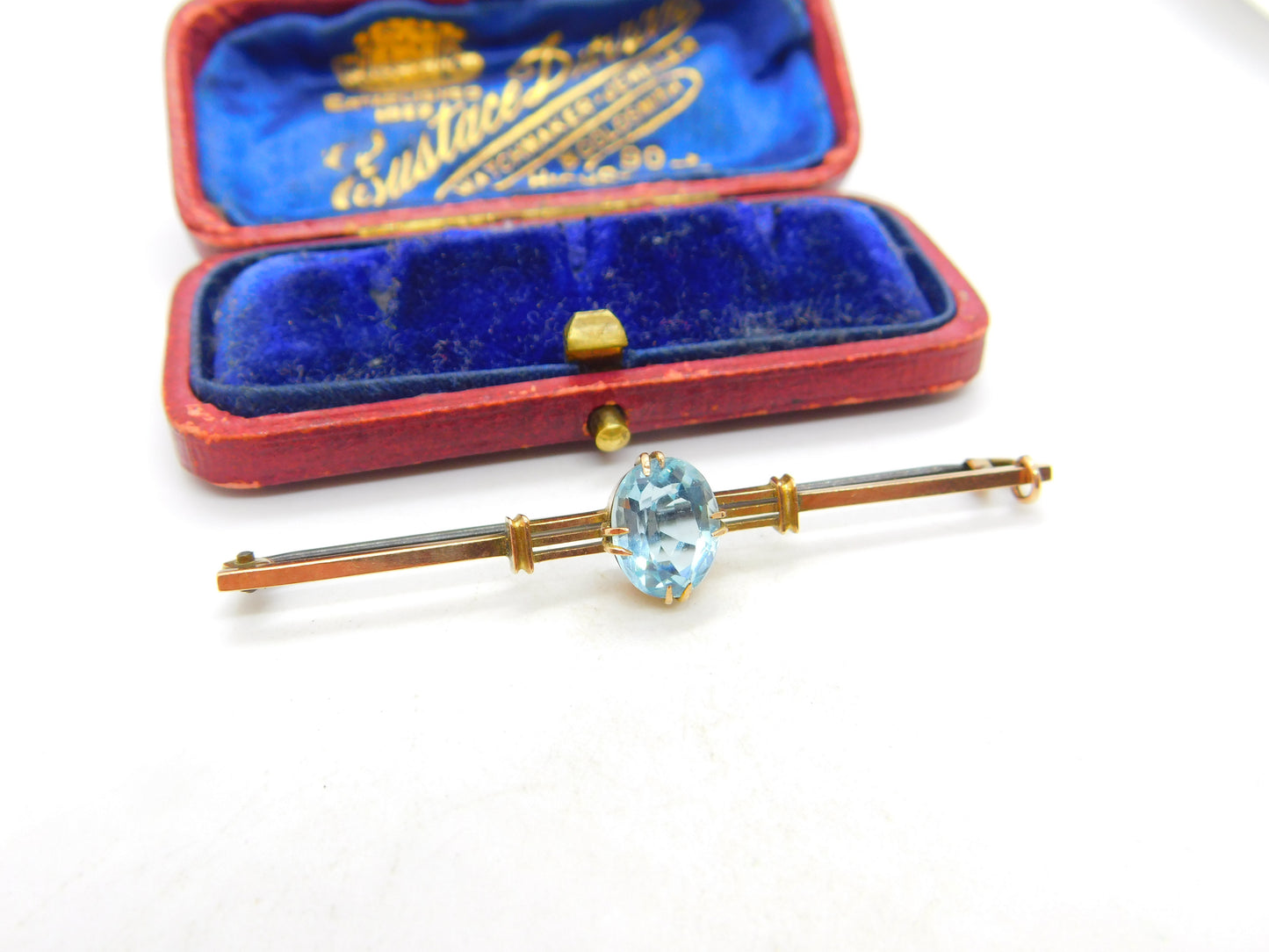 9ct Yellow Gold & Royal Blue Topaz Set Bar Brooch Antique c1920 Art Deco