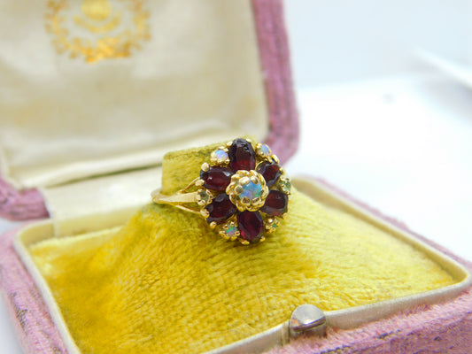 14ct Gold, Almandine Garnet & Water Opal Cluster Ring Antique c1920 Art Deco