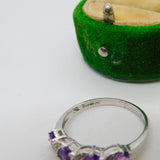 9ct White Gold, Amethyst & Diamond Four-Stone Ring Vintage c1990 Birmingham