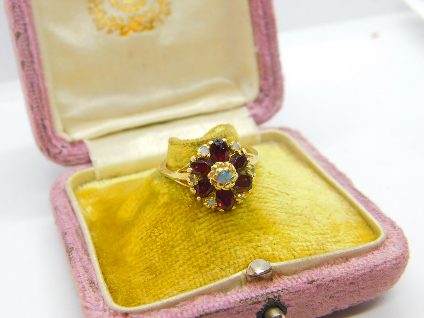 14ct Gold, Almandine Garnet & Water Opal Cluster Ring Antique c1920 Art Deco