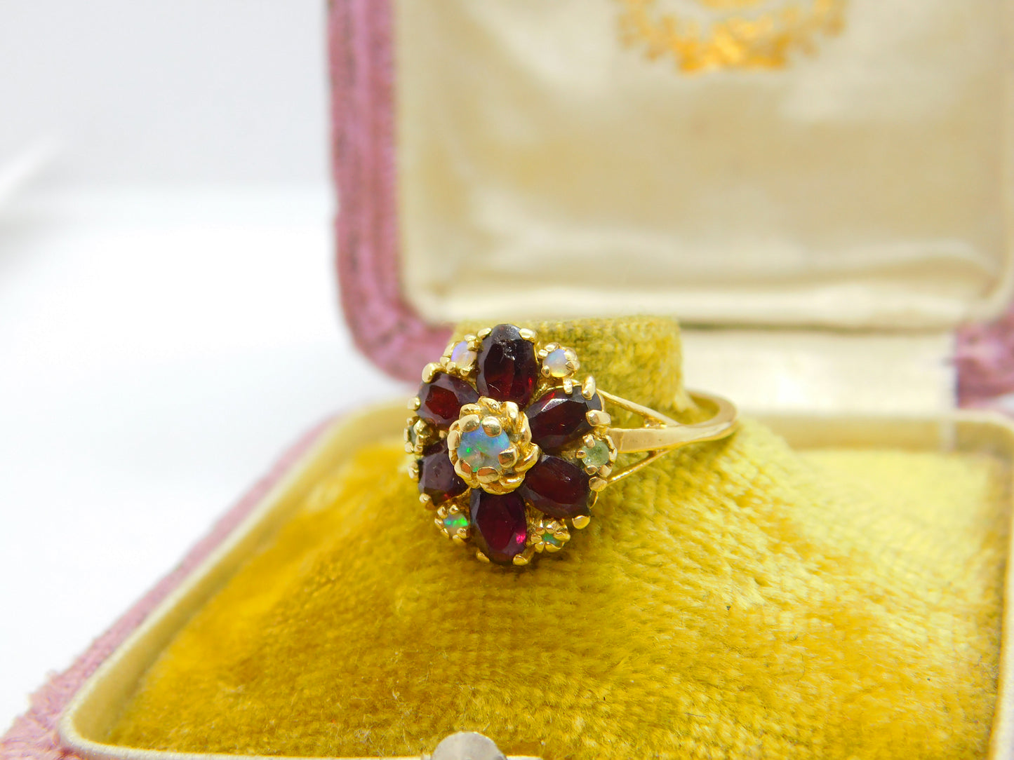 14ct Gold, Almandine Garnet & Water Opal Cluster Ring Antique c1920 Art Deco