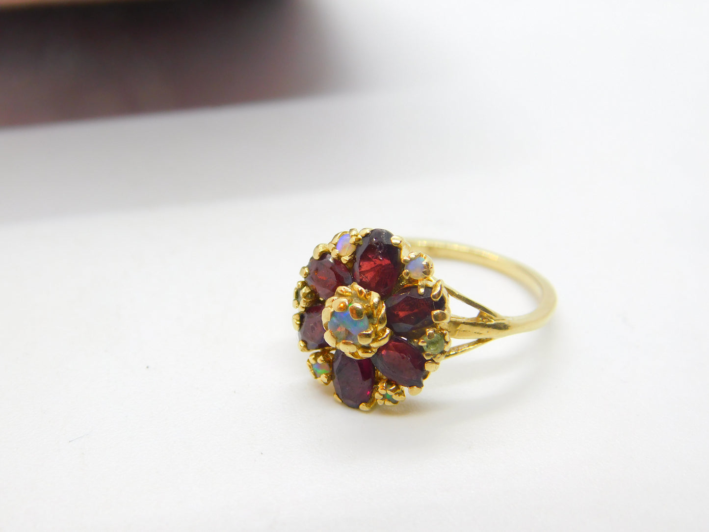 14ct Gold, Almandine Garnet & Water Opal Cluster Ring Antique c1920 Art Deco