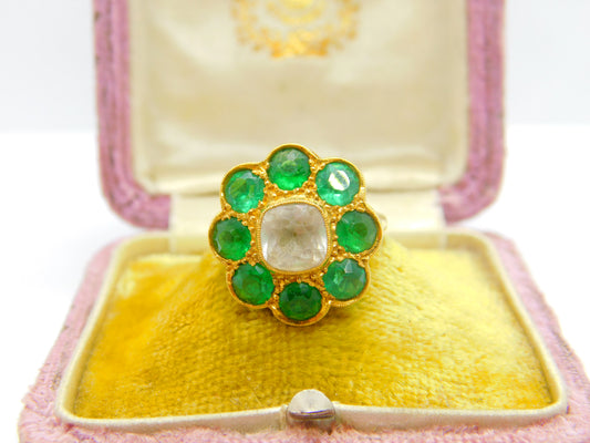 Victorian 22ct Yellow Gold, Green-White Paste Set Cluster Ring Indian c1890