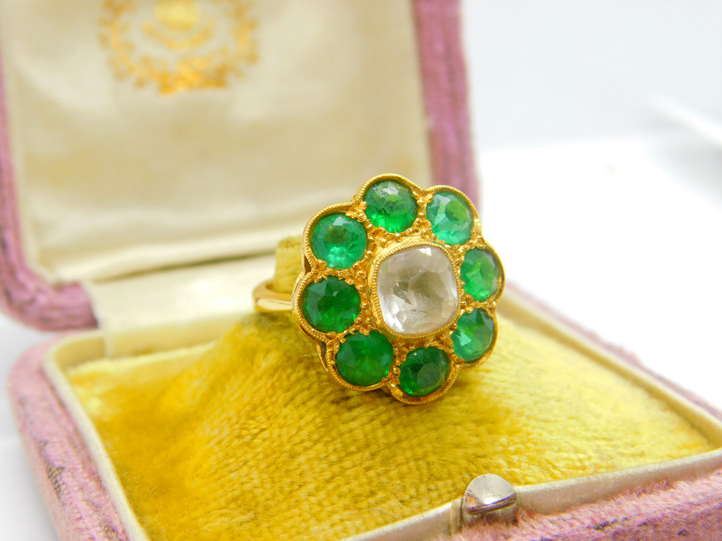 Victorian 22ct Yellow Gold, Green-White Paste Set Cluster Ring Indian c1890