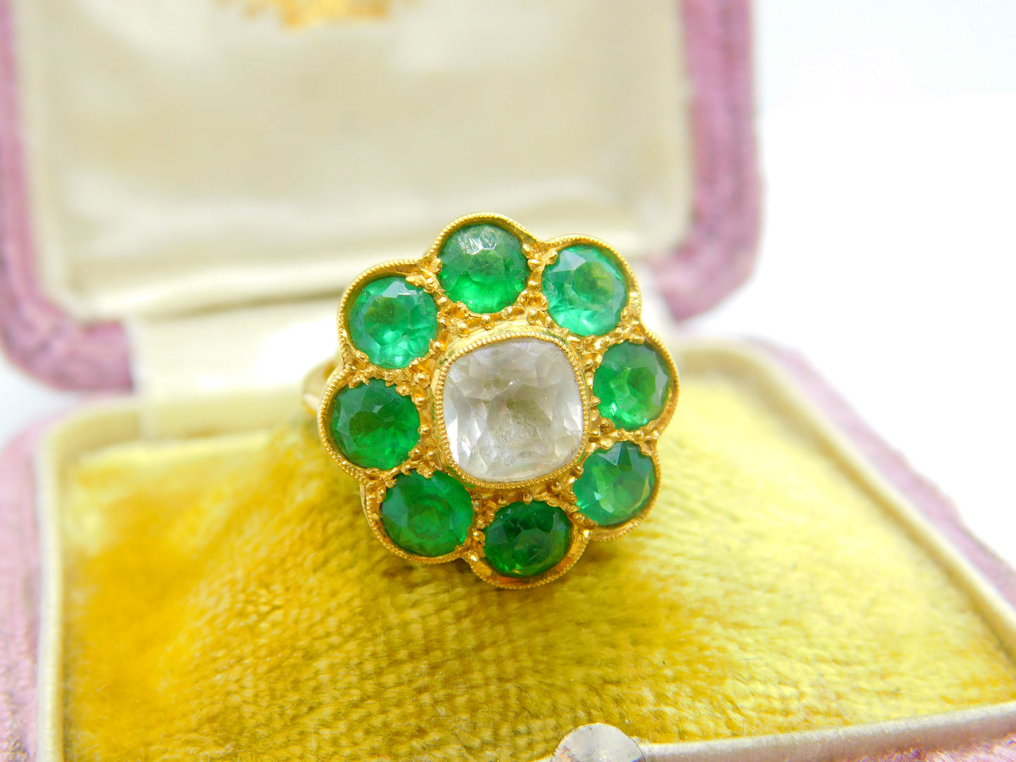 Victorian 22ct Yellow Gold, Green-White Paste Set Cluster Ring Indian c1890