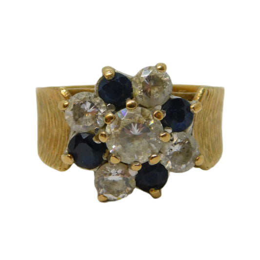 9ct Yellow Gold, Sapphire & Spinel Set Floral Cluster Ring Vintage 1974 London