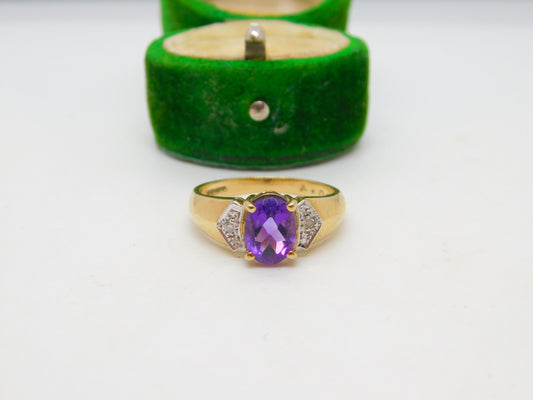 9ct Yellow Gold, Amethyst & Diamond Dress Ring Vintage c1990 Birmingham