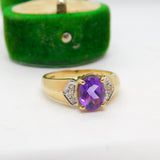 9ct Yellow Gold, Amethyst & Diamond Dress Ring Vintage c1990 Birmingham
