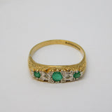 9ct Yellow Gold, Emerald & Diamond Boat Ring Vintage 1990 London