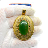 Large Gold on Sterling Silver Nephrite Jade & Marcasite Locket Pendant c1900