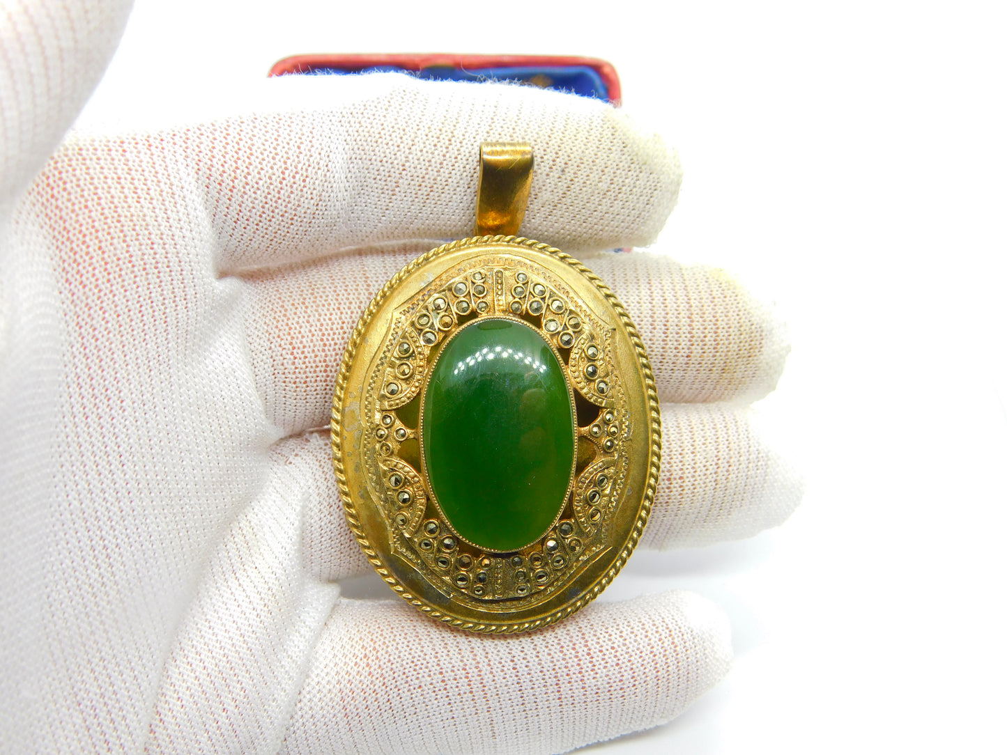 Large Gold on Sterling Silver Nephrite Jade & Marcasite Locket Pendant c1900