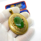 Large Gold on Sterling Silver Nephrite Jade & Marcasite Locket Pendant c1900