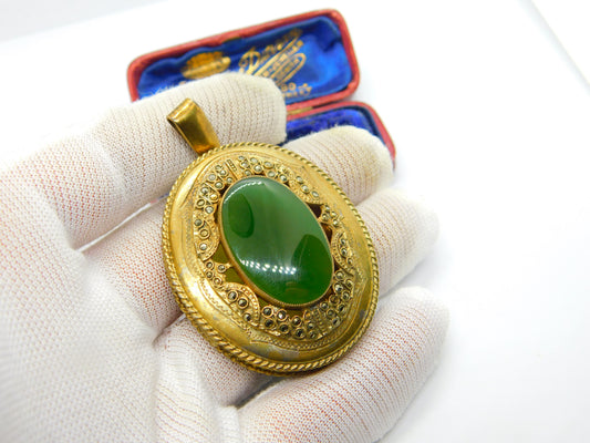 Large Gold on Sterling Silver Nephrite Jade & Marcasite Locket Pendant c1900