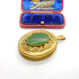Large Gold on Sterling Silver Nephrite Jade & Marcasite Locket Pendant c1900