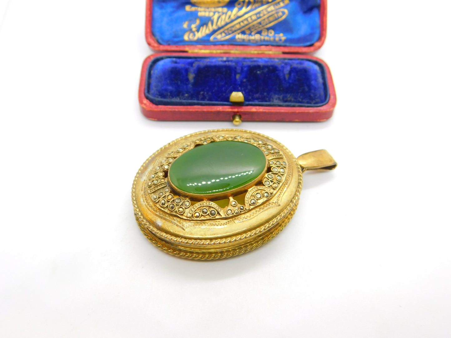 Large Gold on Sterling Silver Nephrite Jade & Marcasite Locket Pendant c1900