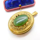 Large Gold on Sterling Silver Nephrite Jade & Marcasite Locket Pendant c1900