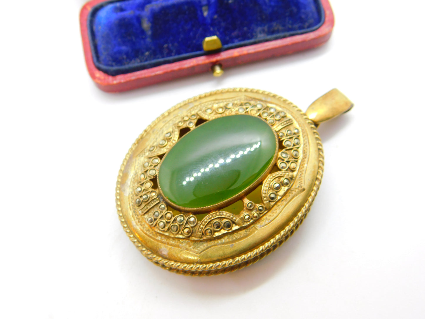 Large Gold on Sterling Silver Nephrite Jade & Marcasite Locket Pendant c1900