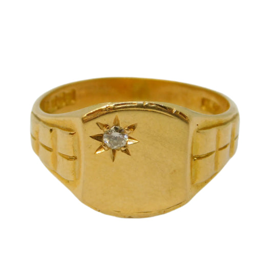18ct Yellow Gold Star Set Diamond Signet Ring Vintage 1965 Birmingham