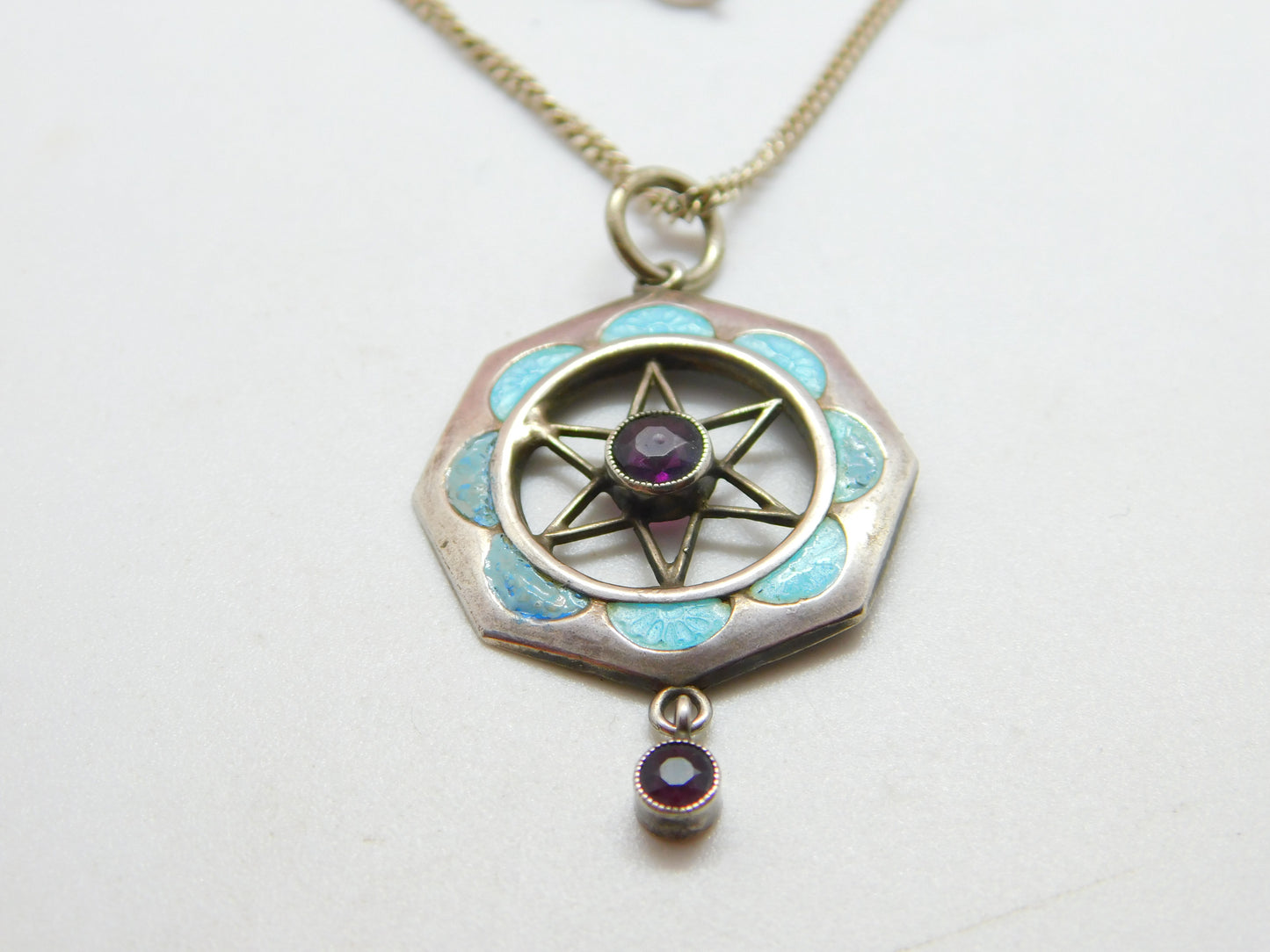 Art Nouveau Sterling Silver, Blue Enamel & Amethyst Lavalier Necklace c1910