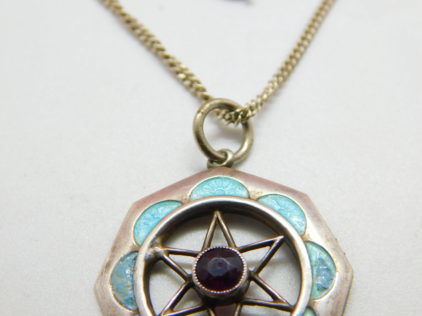 Art Nouveau Sterling Silver, Blue Enamel & Amethyst Lavalier Necklace c1910