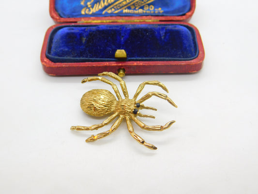 9ct Yellow Gold Spider Brooch Pin with Sapphire Eyes Vintage c1970 Birmingham