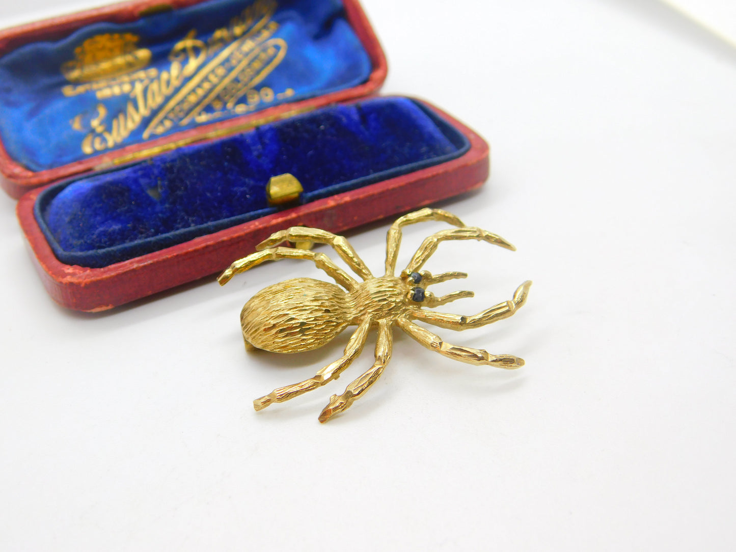 9ct Yellow Gold Spider Brooch Pin with Sapphire Eyes Vintage c1970 Birmingham