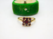 9ct Yellow Gold & Garnet Set Floral Cluster Ring Vintage c1970