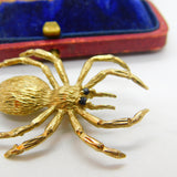 9ct Yellow Gold Spider Brooch Pin with Sapphire Eyes Vintage c1970 Birmingham