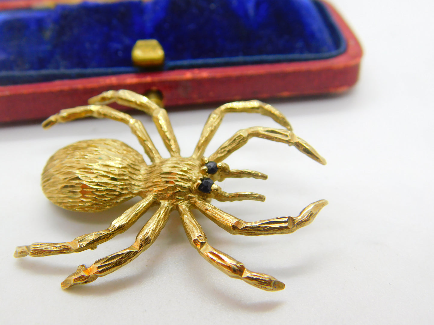 9ct Yellow Gold Spider Brooch Pin with Sapphire Eyes Vintage c1970 Birmingham