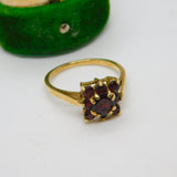 9ct Yellow Gold & Garnet Set Floral Cluster Ring Vintage c1970