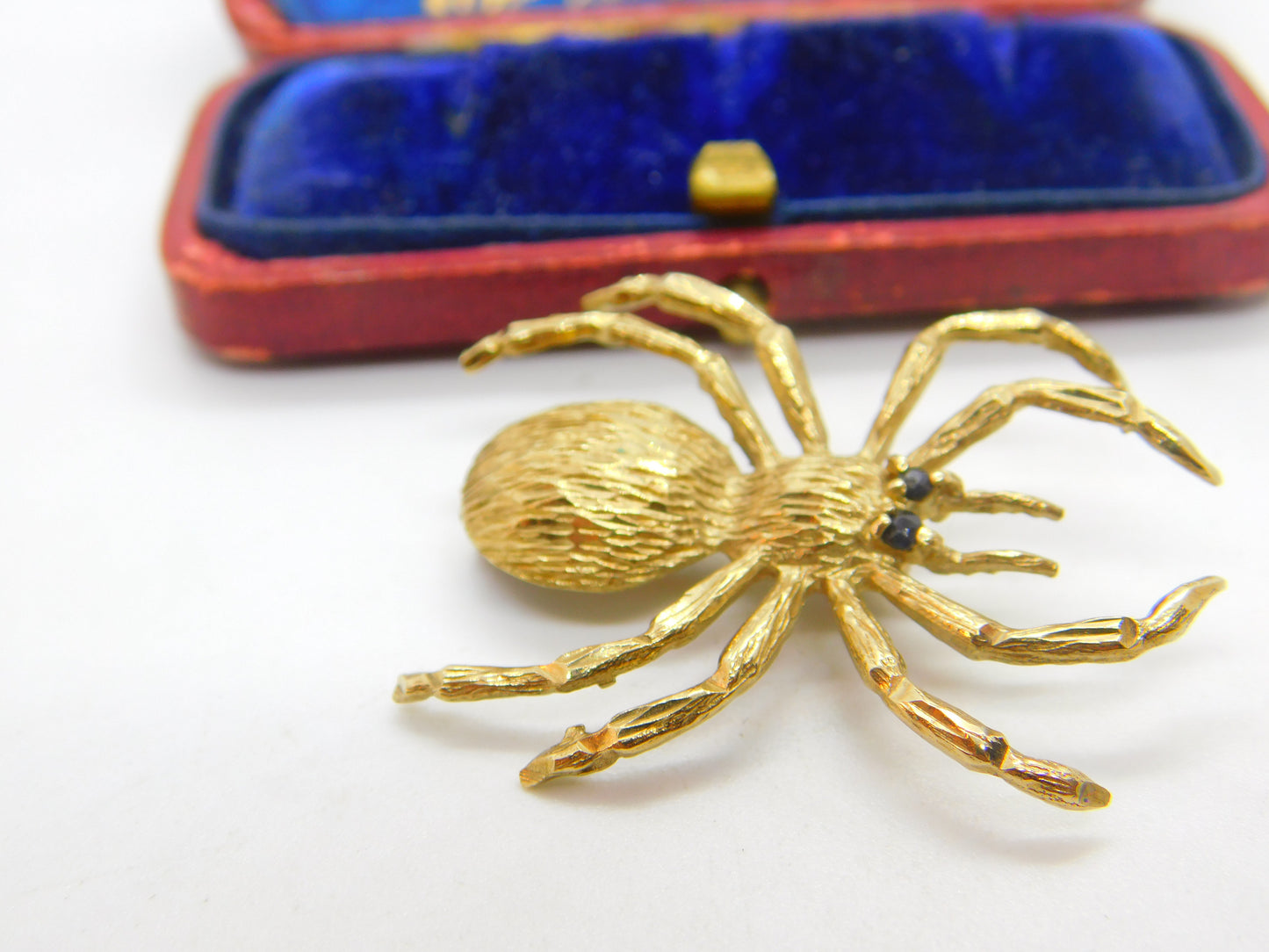 9ct Yellow Gold Spider Brooch Pin with Sapphire Eyes Vintage c1970 Birmingham