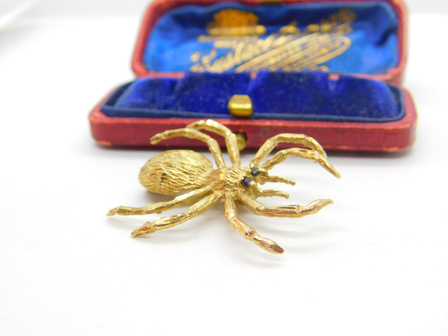 9ct Yellow Gold Spider Brooch Pin with Sapphire Eyes Vintage c1970 Birmingham