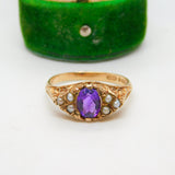 9ct Gold Victorian Style, Amethyst & Seed Pearl Boat Ring Vintage 1970 London