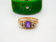 9ct Gold Victorian Style, Amethyst & Seed Pearl Boat Ring Vintage 1970 London